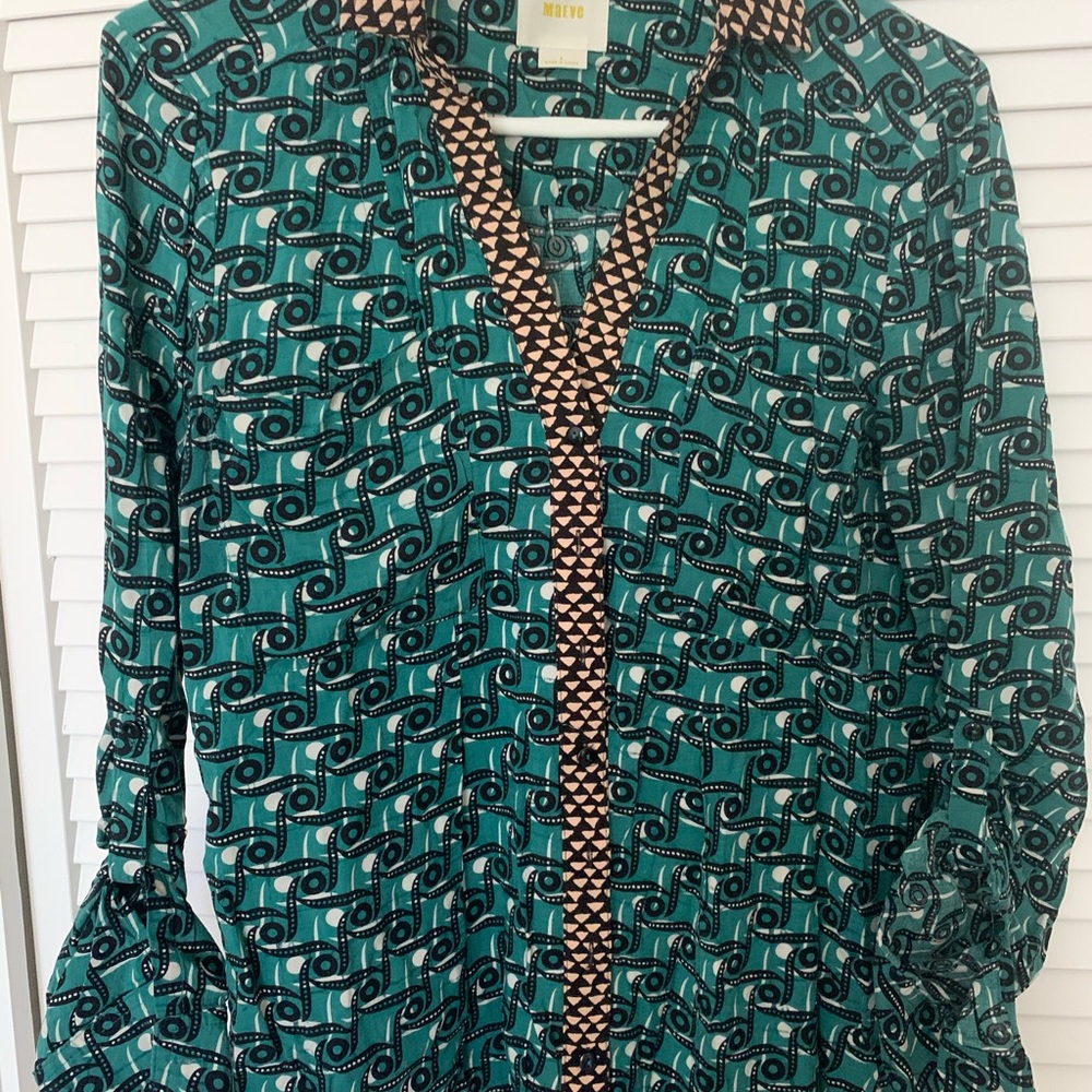 Anthropologie Teal and Black Patterned Blouse